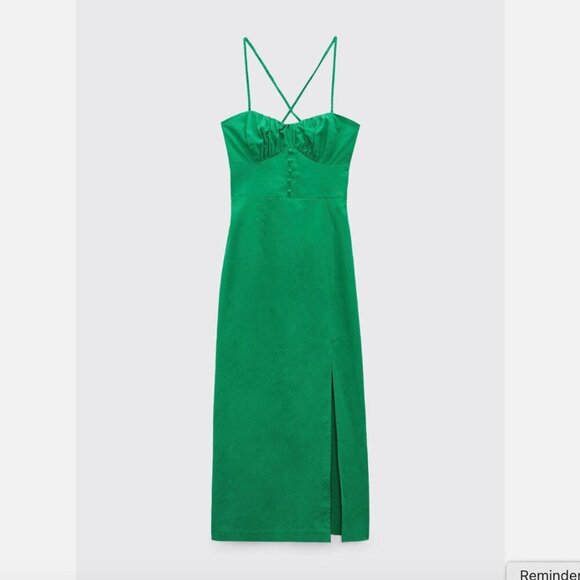 Zara Linen Blend Corset Midi Slit Dress Green Size Medium - Picture 11 of 13